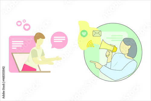 Young girl use communication via the Internet, social networking, chat, video, news, messages, web site, search friends. Vector colorful illustration