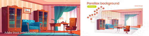 Luxury cabinet parallax background 2d cartoon empty room interior with classic style furniture, leather armchair, bookcases and wood bureau table, with lamp and stationery layers, Vector illustration