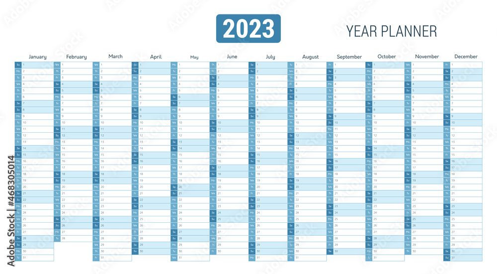 Year planner, calendar for 2023 with monthly vertical grid in minimal