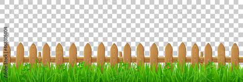Wooden picket fence and green grass, backyard, garden lawn or grassland landscape. Vector realistic seamless border with barrier with brown wood texture and summer meadow plants photo