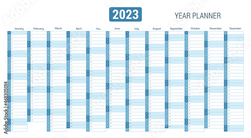 Year planner, calendar for 2023 with monthly vertical grid in minimal blue style. Template planner for schedule, events and holidays. Vector business organizer, calender grid