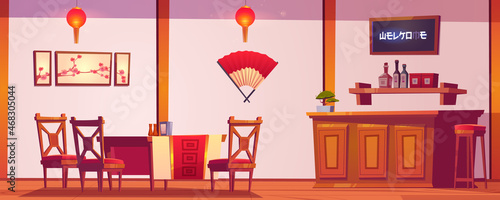Chinese restaurant interior, cafe with bar in traditional asian style with red and gold decor, lanterns, sakura pictures. Authentic cafeteria with wooden tables and chairs, Cartoon vector illustration