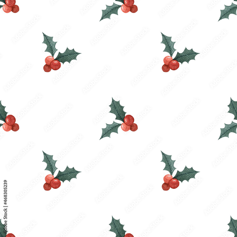 Seamless pattern with watercolor christmas holly. Seamless pattern with watercolor christmas holly.