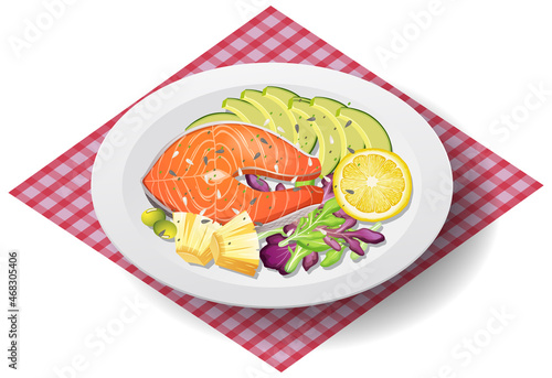 Healthy meal with salmon steak on white plate