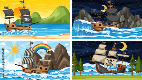 Set of different beach scenes with pirate ship photo