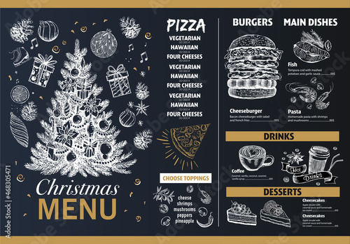 Christmas menu template, Hand drawn illustration. 