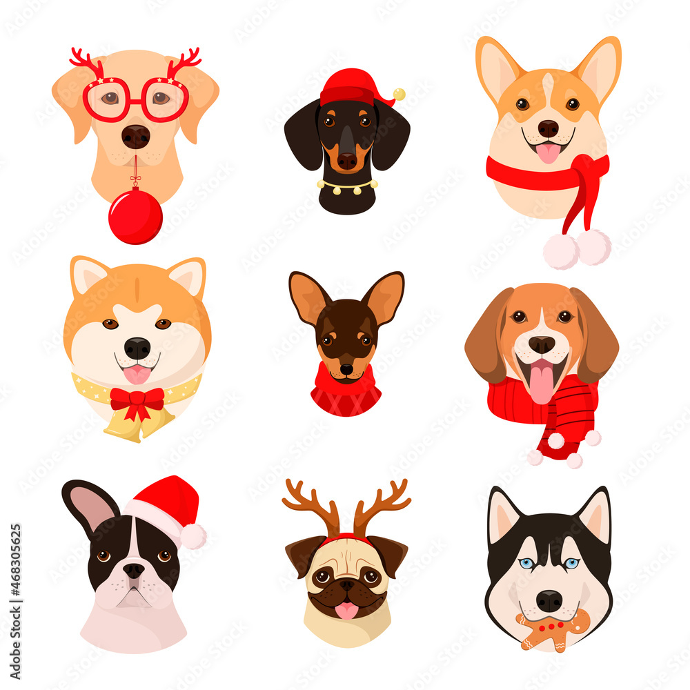 A set of cute dog heads on a white background. Christmas animals in cartoon style. A set of cute dog heads on a white background. Christmas animals in cartoon style.
