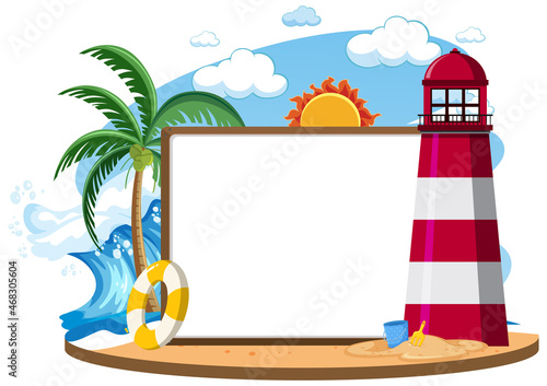 Blank banner template on the island with lighthouse isolated