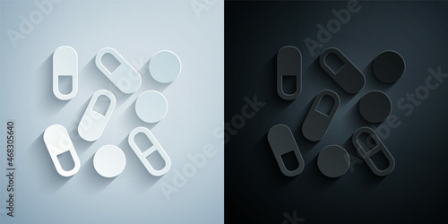 Paper cut Medical pill bottle biohacking icon isolated on grey and black background. Pharmacy biohacking. Paper art style. Vector