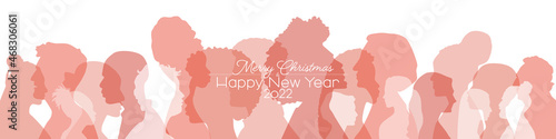 Merry Christmas 2022 card. Happy New Year. People of different ethnicities together. Flat vector illustration.