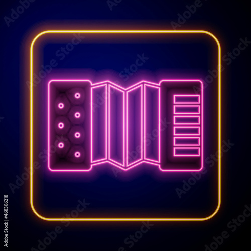 Glowing neon Musical instrument accordion icon isolated on black background. Classical bayan, harmonic. Vector