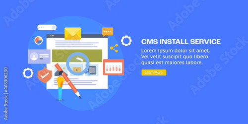 Content management software installation. Customer using cms system, uploading content, publishing  on web, secure admin console, database concept. Flat design we banner template with character text.