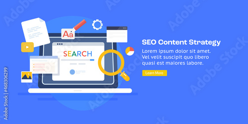 SEO content strategy, optimized content for search engine audience, search content marketing, seo copy writing concept, web banner template with blue background.