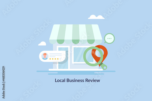 Local business review on search result, customer review, business listing, local shop location map, customer rating and feedback, seo marketing conceptual tech art. Web banner template.