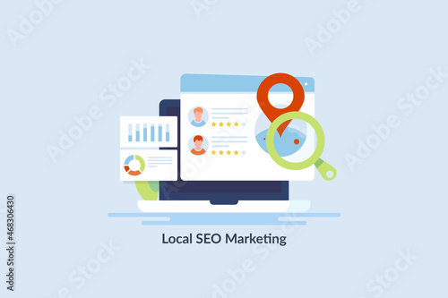 Local seo marketing strategy, local business with map location and customer review, local seo optimization,  business communication technology concept. Flat design web banner.