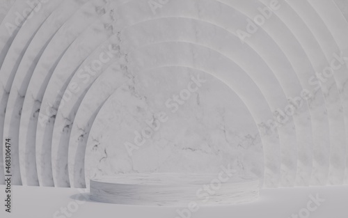 Abstract scene background. Cylinder podium on marble background. Product presentation, mock up, show cosmetic product, Podium, stage pedestal or platform. 3d rendering.