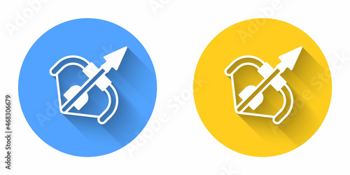 White Medieval bow and arrow icon isolated with long shadow background. Medieval weapon. Circle button. Vector
