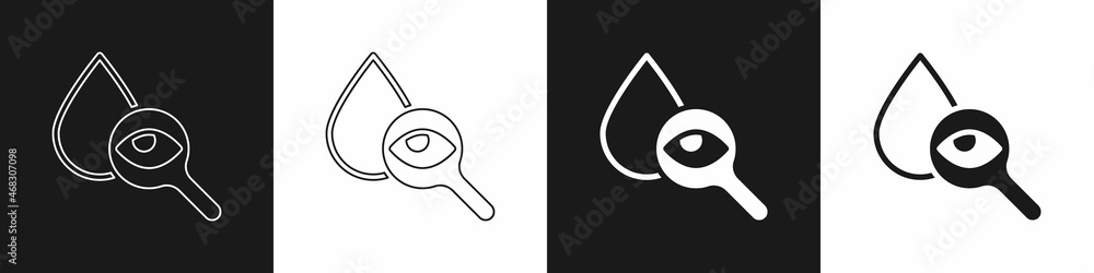 Set Drop and magnifying glass icon isolated on black and white background. Vector Set Drop and magnifying glass icon isolated on black and white background. Vector