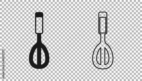 Black Kitchen whisk icon isolated on transparent background. Cooking utensil, egg beater. Cutlery sign. Food mix symbol. Vector