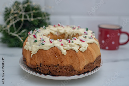 christmas bundt cake with vanilla, chocolate and candy canes