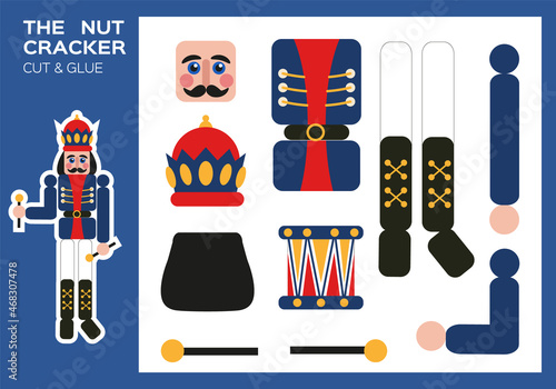 Nutcracker Cut and Glue. Traditional New Year Figurine Nutcracker. DIY Soldier. Worksheets for kids. Activity page. Happy Christmas paper craft game for children. Super motor skills.
