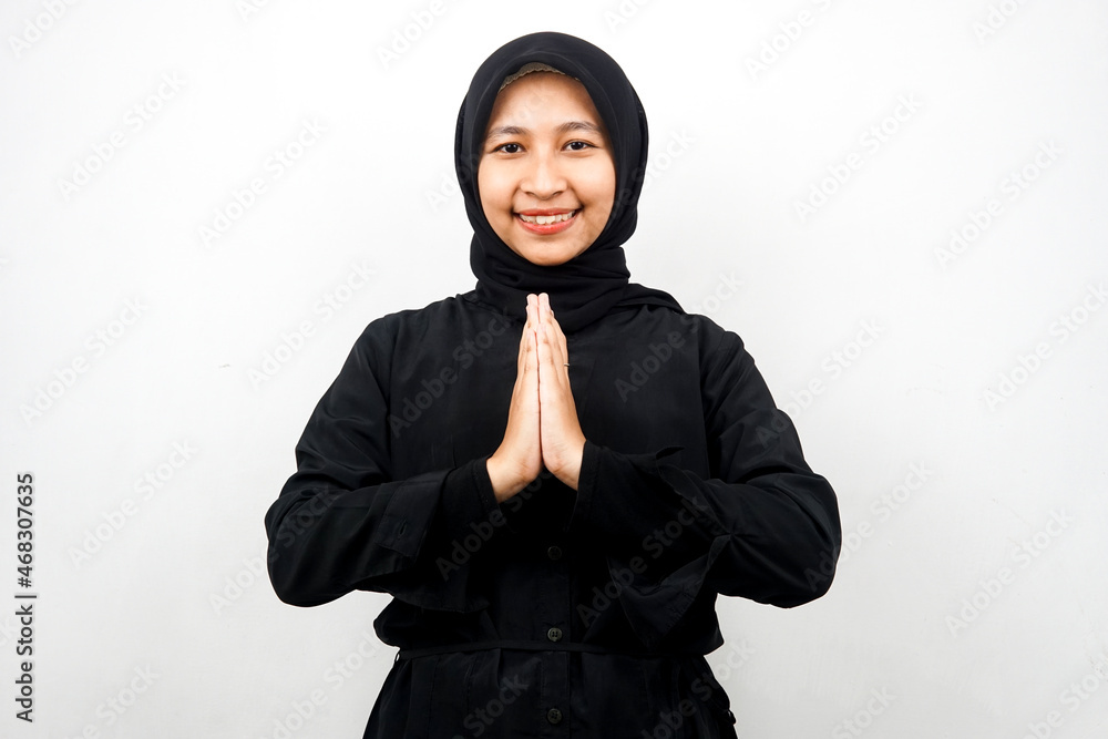Beautiful asian young muslim woman with hands on face, apologizing, feeling guilty, eid ul fitr and eid ul adha, smiling confident, enthusiastic and cheerful, facing camera isolated Beautiful asian young muslim woman with hands on face, apologizing, feeling guilty, eid ul fitr and eid ul adha, smiling confident, enthusiastic and cheerful, facing camera isolated