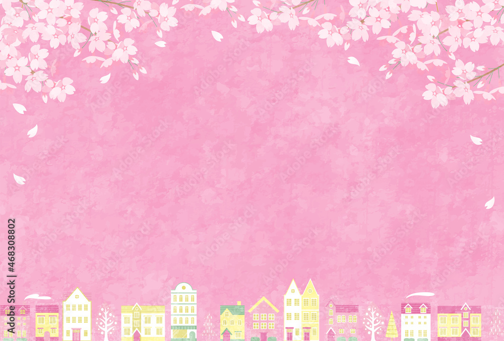 春の桜と街並みのベクターイラスト背景(花見,お花見)