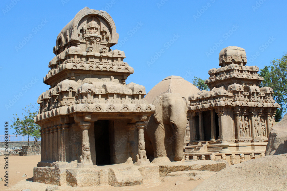 Outer view of Pancha Rathas, (also known as Five Rathas or Pandava Rathas) Mahabalipuram, Tamil Nadu, India.
