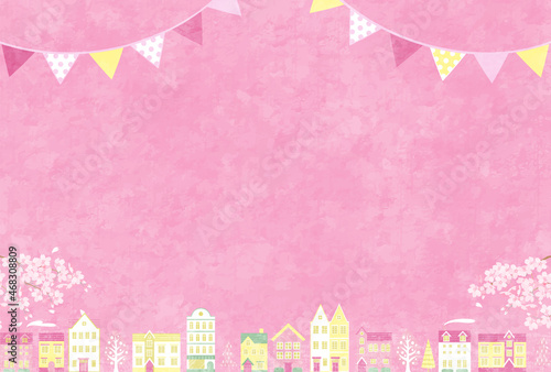 春の桜と街並みのベクターイラスト背景(花見,お花見)