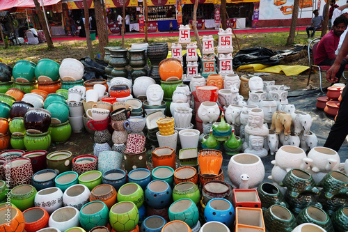 Photography Colorful hand-made ceramic flower pots shop at Hunar Haat 2021, Rampur, Uttar Pr