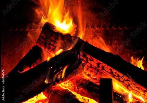 Close up of flaming logs on fire