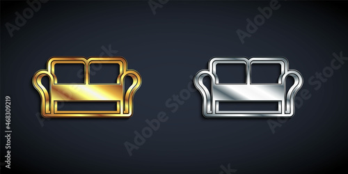 Gold and silver Sofa icon isolated on black background. Long shadow style. Vector