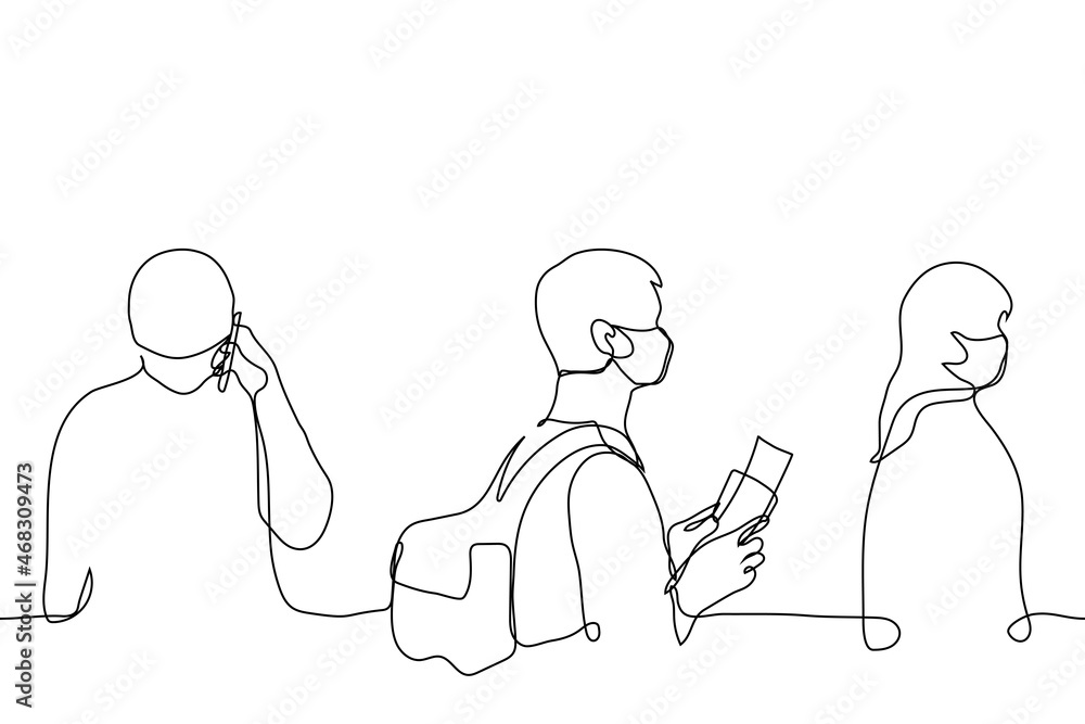 male passenger in mask stands in line to board the plane in his hands passport and plane ticket - one line drawing vector. male passenger in mask stands in line to board the plane in his hands passport and plane ticket - one line drawing vector.