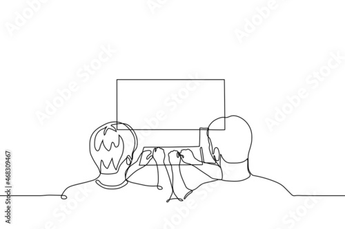 two men are typing on one keyboard while looking into large monitor - one line drawing vector. the concept of two passionate gamers going through difficult game