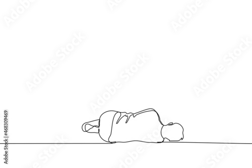 man lies on the floor in a fetal position - one line drawing vector. the concept of obesity, sleep in the fetal position