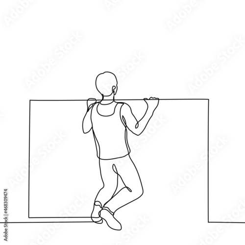 male athlete pulls himself up on the horizontal bar - one line drawing vector. concept of a man exercising, builds up the muscles of the arms