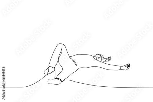 tired man lies on the floor with his knee bent - one line drawing vector. the concept of fatigue, emptiness, loss of energy, drowsiness