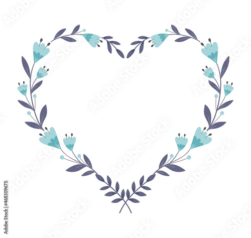 Floral heart frame with blue flowers and leaves. Hand drawn vector illustration.