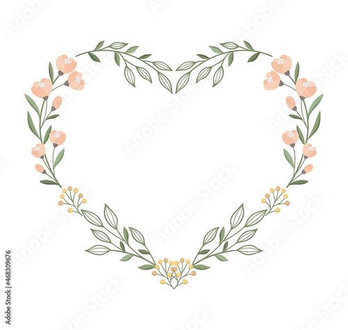 Floral heart frame. Decorative frame design with flowers, leaves, and berries. Hand drawn vector illustration.
