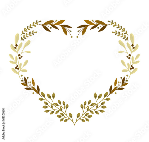 Decorative heart shape frame with leaves and branches. Hand drawn vector illustration.