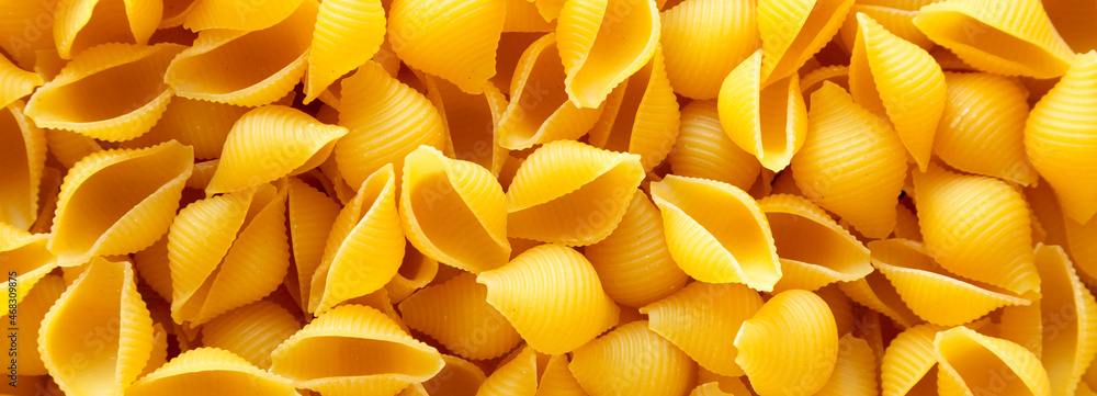 Raw Medium Pasta Shells, top view. Flat lay, overhead, from above. Close-up. Raw Medium Pasta Shells, top view. Flat lay, overhead, from above. Close-up.