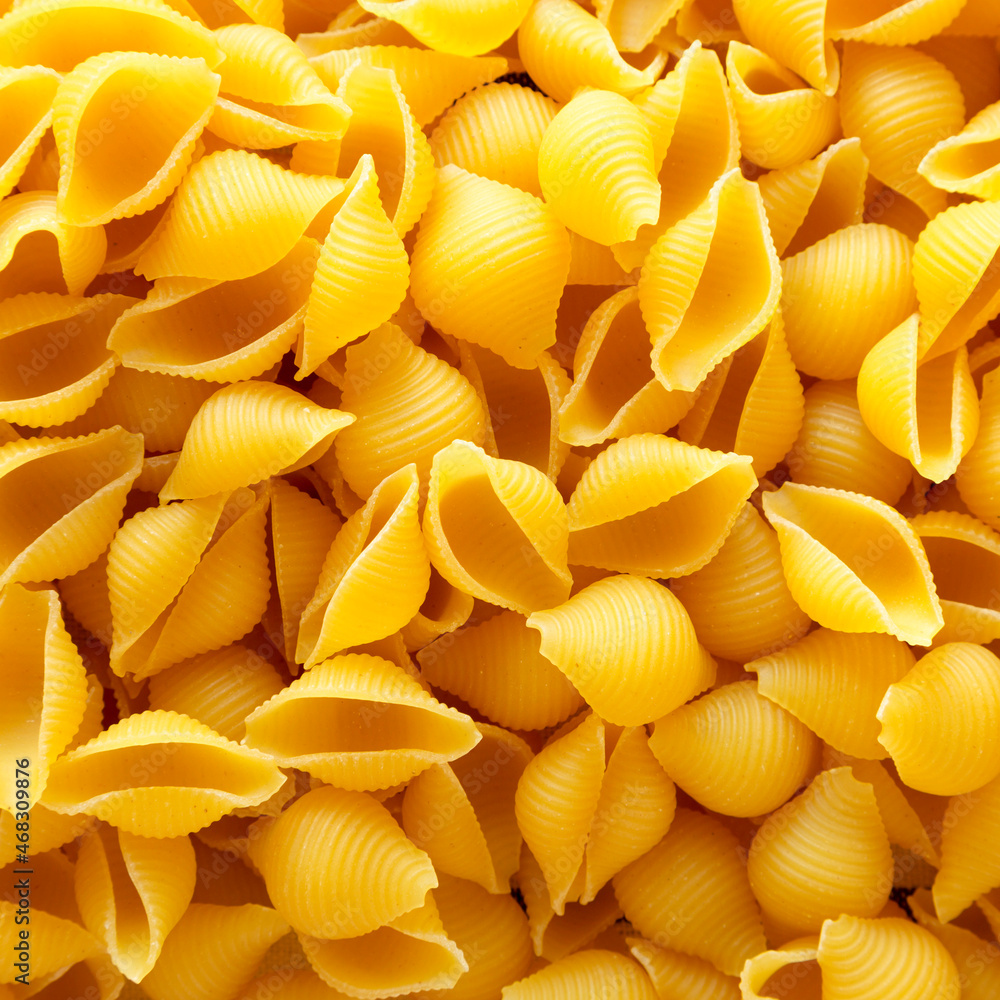 Raw Medium Pasta Shells, top view. Flat lay, overhead, from above. Close-up. Raw Medium Pasta Shells, top view. Flat lay, overhead, from above. Close-up.
