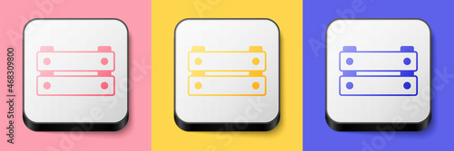 Isometric Wooden box icon isolated on pink, yellow and blue background. Grocery basket, storehouse crate. Empty wooden container for vegetables, products. Square button. Vector