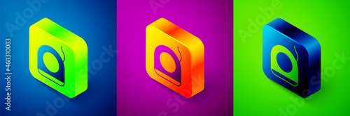 Isometric Dental floss icon isolated on blue, purple and green background. Square button. Vector
