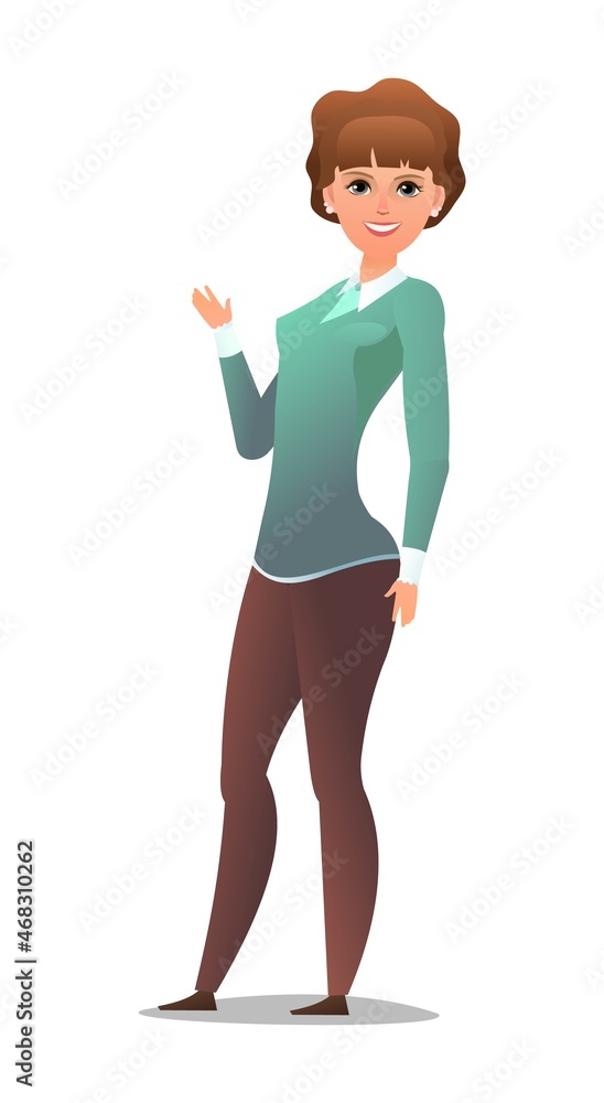 Handsome woman in pants and sweater. Cheerful middle aged girl. Cheerful person. Standing pose. Cartoon comic style flat design. Single character. Illustration isolated on white background. Vector Handsome woman in pants and sweater. Cheerful middle aged girl. Cheerful person. Standing pose. Cartoon comic style flat design. Single character. Illustration isolated on white background. Vector