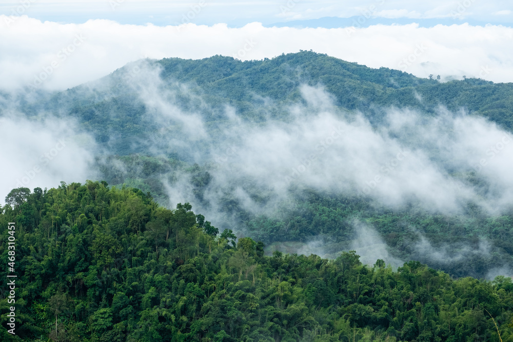 Surreal landscape of morning foggy..Morning clouds at sunrise.Landscape of fog and mountains of northern Thailand.