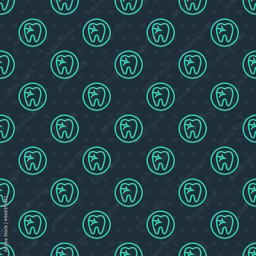 Green line Tooth with caries icon isolated seamless pattern on blue background. Tooth decay. Vector Green line Tooth with caries icon isolated seamless pattern on blue background. Tooth decay. Vector