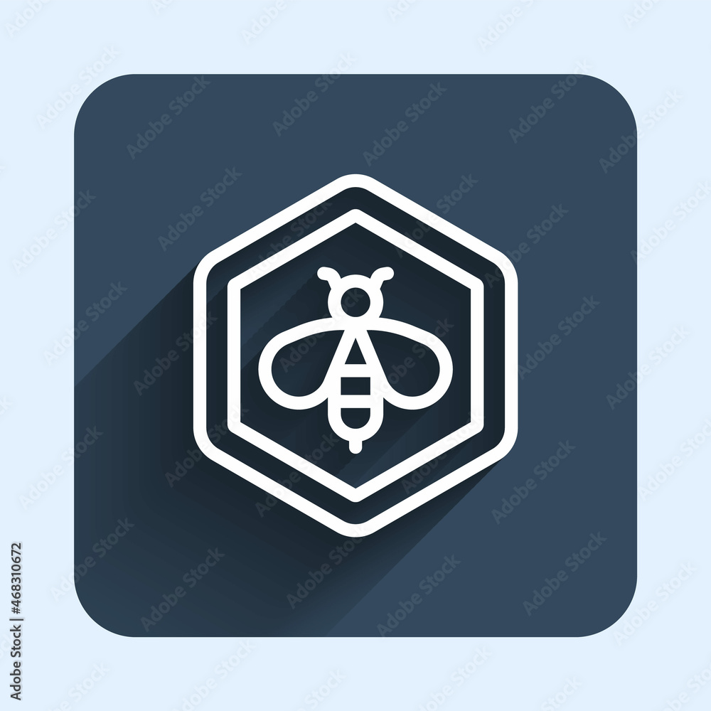 White line Bee and honeycomb icon isolated with long shadow background. Honey cells. Honeybee or apis with wings symbol. Flying insect. Sweet natural food. Blue square button. Vector White line Bee and honeycomb icon isolated with long shadow background. Honey cells. Honeybee or apis with wings symbol. Flying insect. Sweet natural food. Blue square button. Vector