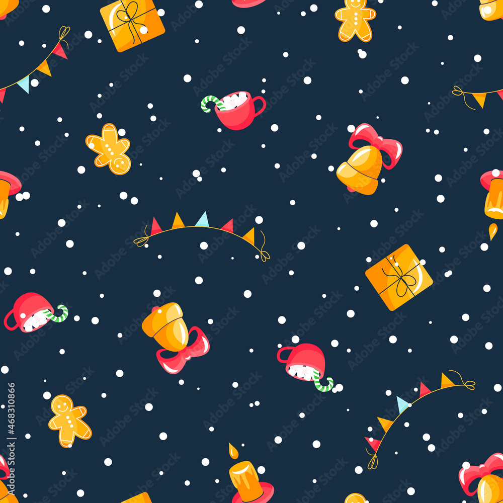 Christmas pattern seamless cute festive garlands, cookie man, mug, cane, bell. Template for printing onto fabric, wrapping paper design. Children's background for fabric, textile, wallpaper, clothing