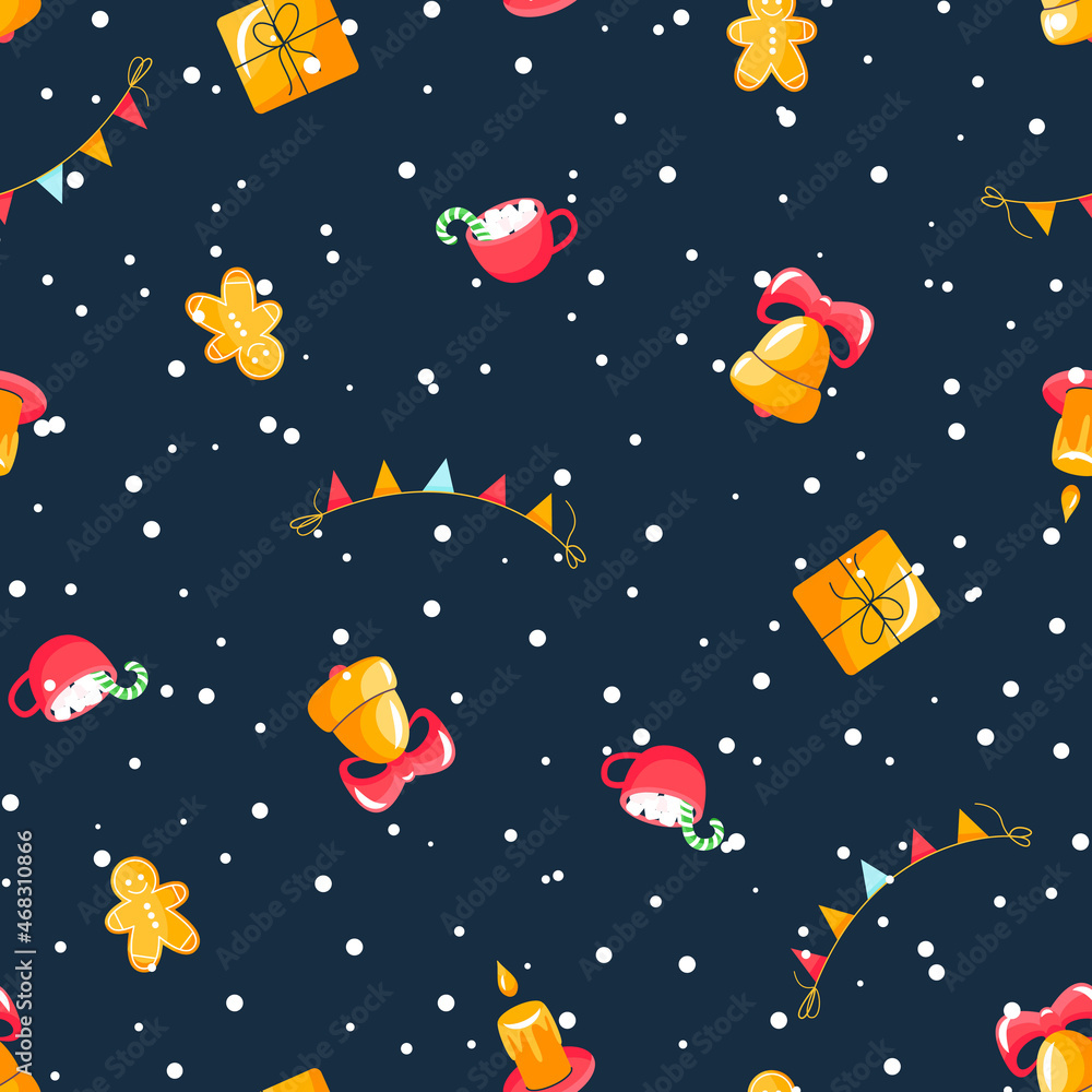 Christmas pattern seamless cute festive garlands, cookie man, mug, cane, bell. Template for printing onto fabric, wrapping paper design. Children's background for fabric, textile, wallpaper, clothing Christmas pattern seamless cute festive garlands, cookie man, mug, cane, bell. Template for printing onto fabric, wrapping paper design. Children's background for fabric, textile, wallpaper, clothing